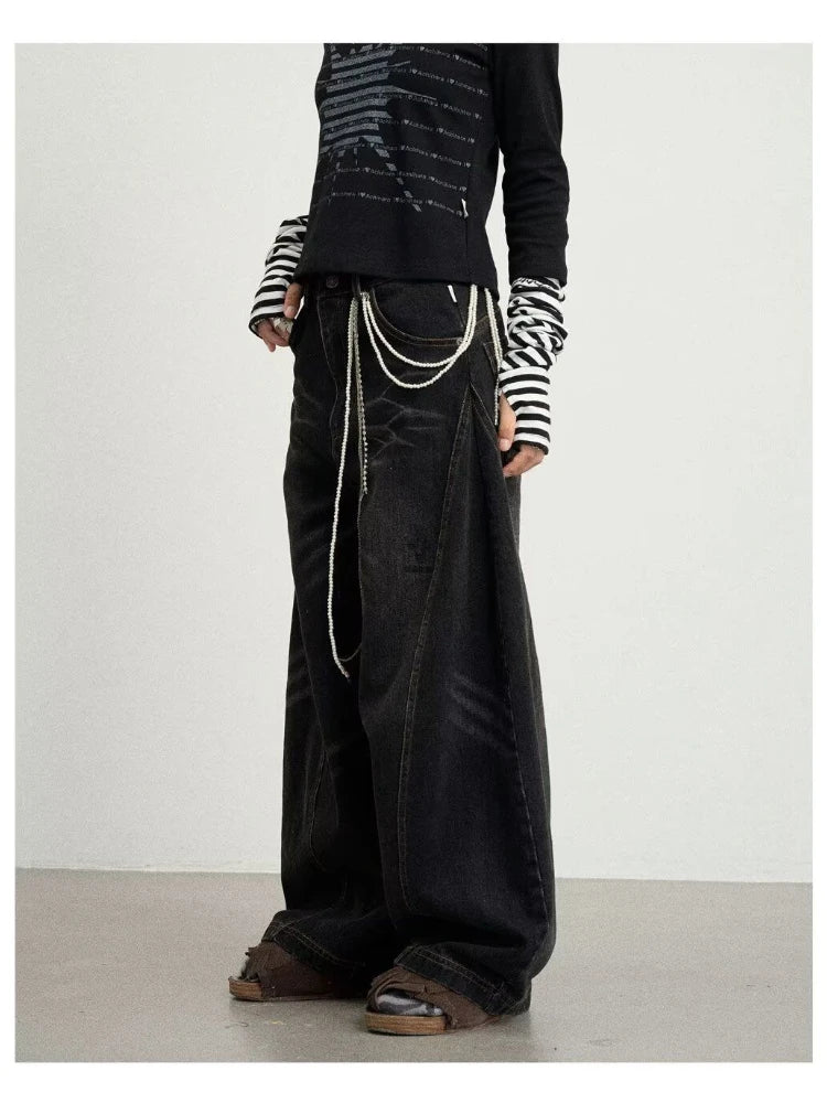 Lunivop Y2k Vintage Scimitar Washed Jeans Women and Men Harajuku Wide Leg American Retro Denim Pants Baggy Streetwear Spring