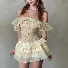 Lunivop  American Sweet Bow Slim Waist Cake Dress for Women New Flying Sleeve Floral Dresses Summer All-match Vestido Feminino