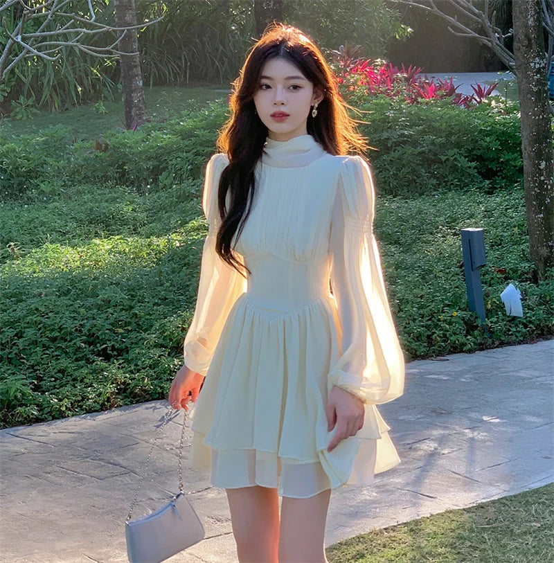 Lunivop  Women French White Chiffon Dresses Summer Elegant Sleeve Slim Puff Sleeve bodycon Gentle Fairy Short Dress