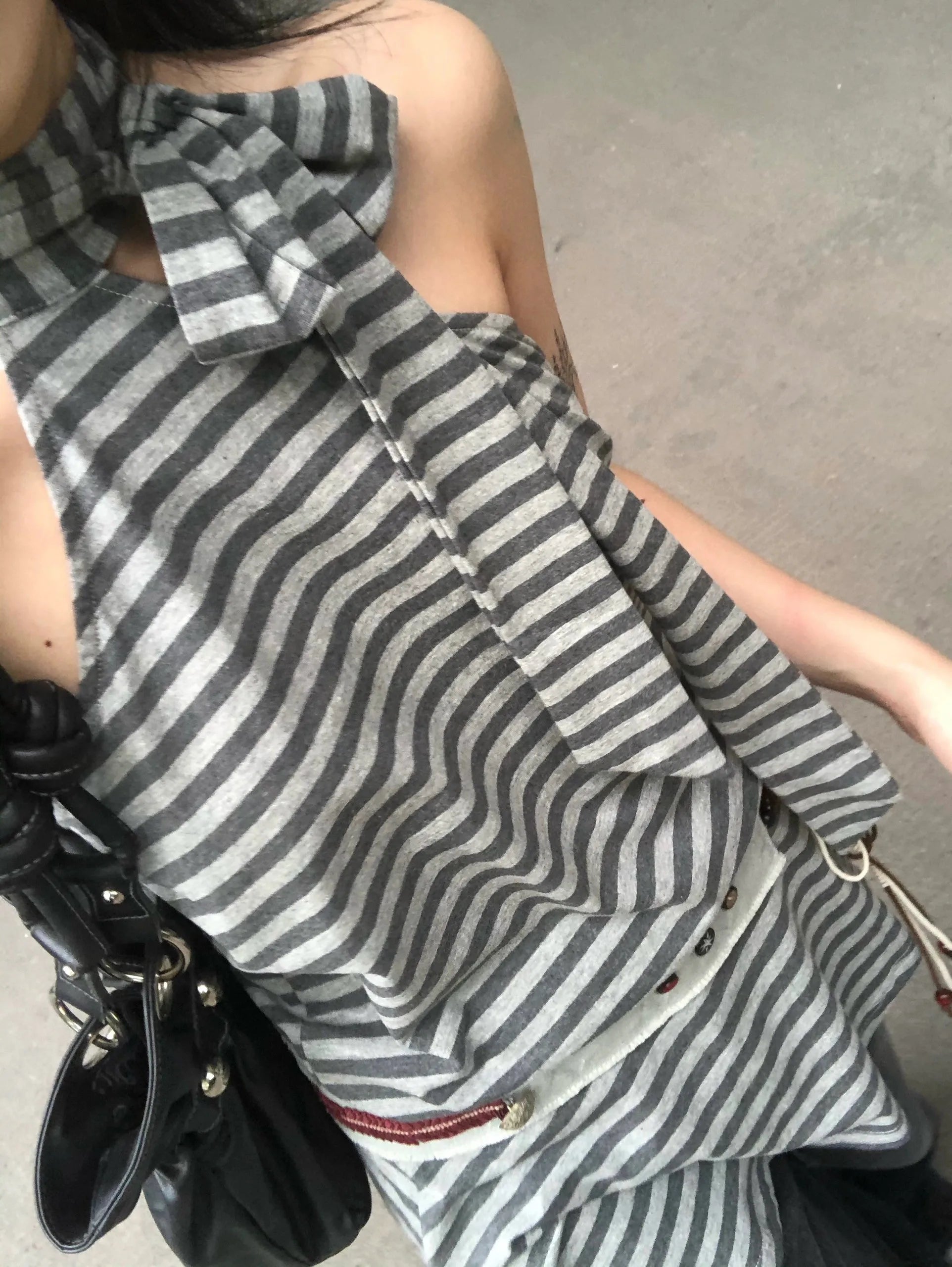 Lunivop  Y2k Aesthetics Halter Dress Japanese 2000s Style Grey Striped Short Dress Vintage Harajuku Backless Mini Dress Grunge