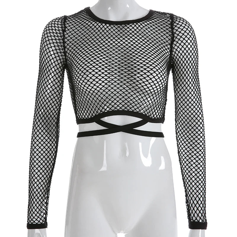 Lunivop  Black Loose Fishnet Holes T Shirt Street Style Bandage See Through Hollow Out Crop Top Women Harajuku Casual Summer Shirt