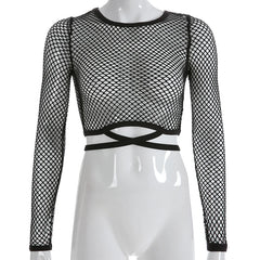 Lunivop  Black Loose Fishnet Holes T Shirt Street Style Bandage See Through Hollow Out Crop Top Women Harajuku Casual Summer Shirt