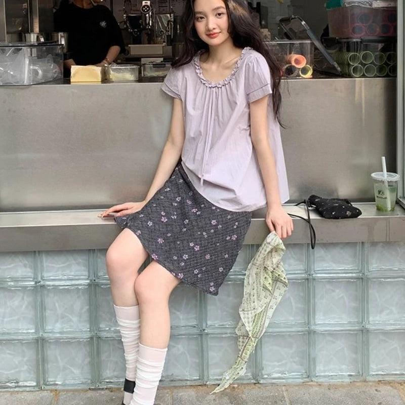 Lunivop Vintage Floral Skirt Women Japanese Style Elegant Sweet Mid Skirt Black Harajuku Y2k Fashion Short Skirts Aesthetics