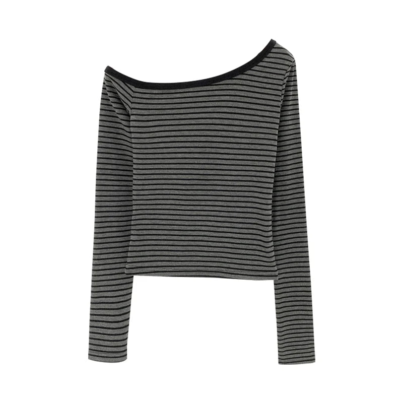 Lunivop 2025 New Spring Summer Vintage Striped Women's T-shirt Long Sleeve One Shoulder Casual Korean Bottom Shirts Tops Female