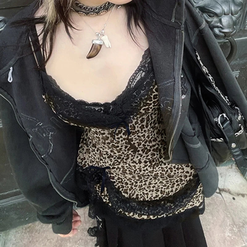 Lunivop  Stitching Lace Camis y2k Vintage Leopard Print Crop Top Women Retro Sleeveless Bow Patchwork Tee Summer Asymmetrical Vest