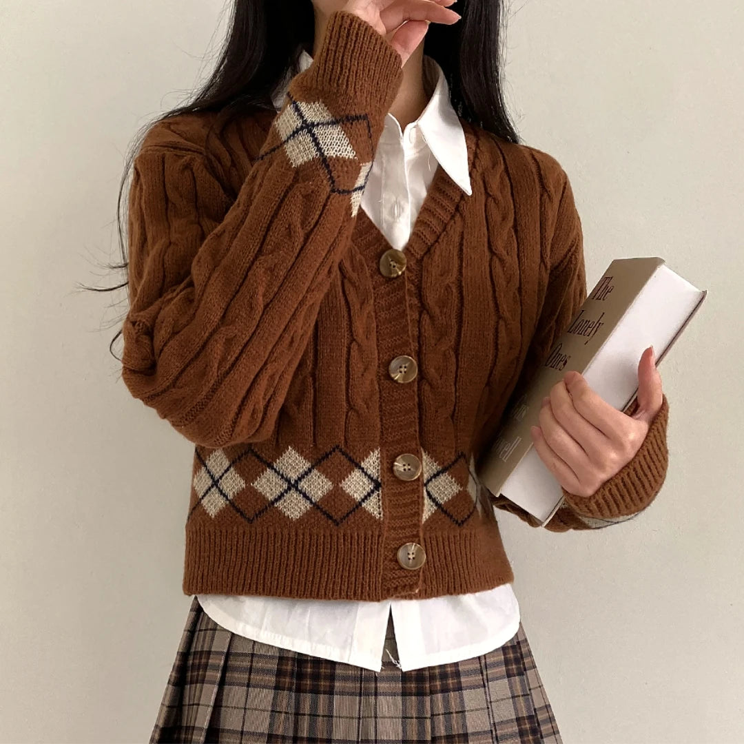 Lunivop Argyle Cable Knit Cardigan Sweater for Women Teen-girl Cozy Knitted Button Up Boxy Fit Sweater Preppy Chic Outfit