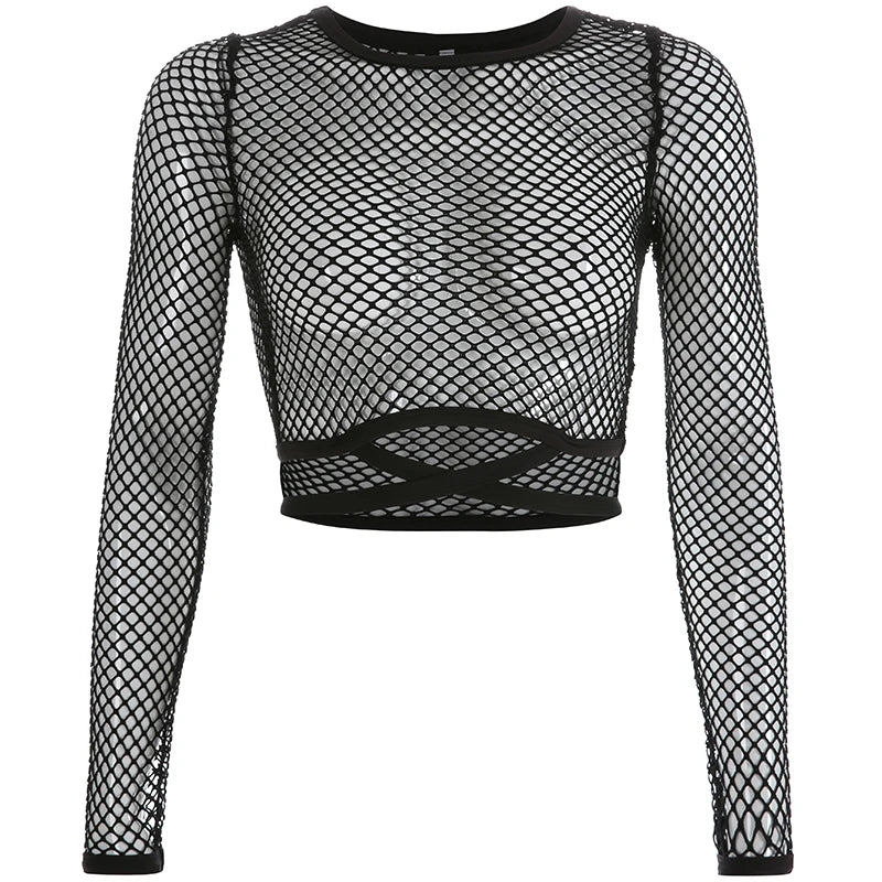 Lunivop  Black Loose Fishnet Holes T Shirt Street Style Bandage See Through Hollow Out Crop Top Women Harajuku Casual Summer Shirt