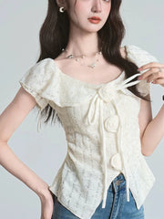Lunivop  3D Floral Ruffles Sweet T Shirt Women Slim Sexy Cropped Short Sleeve Chic Tees Tops Korean Fashion Elegant Female T Shirts