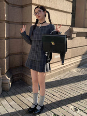 Lunivop Plaid Two-piece Suit Women Harajuku Slash Neck Vintage Single Breasted Overcoat Girls Sweet Pleated Grunge Skirts