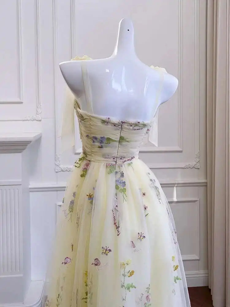 Lunivop Embroidered Mesh Strapless Dresses For Women Slash Collar High Waist Thin Elegant Dress Female Spring 2025 New