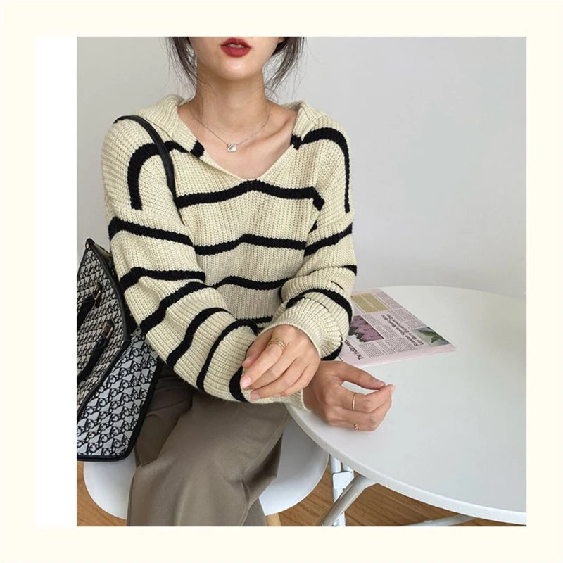 Lunivop Striped Sailor Collar Knit Sweater for Women Pullovers Cozy Jumper Fall Winter Teen-girl Preppy Outfit