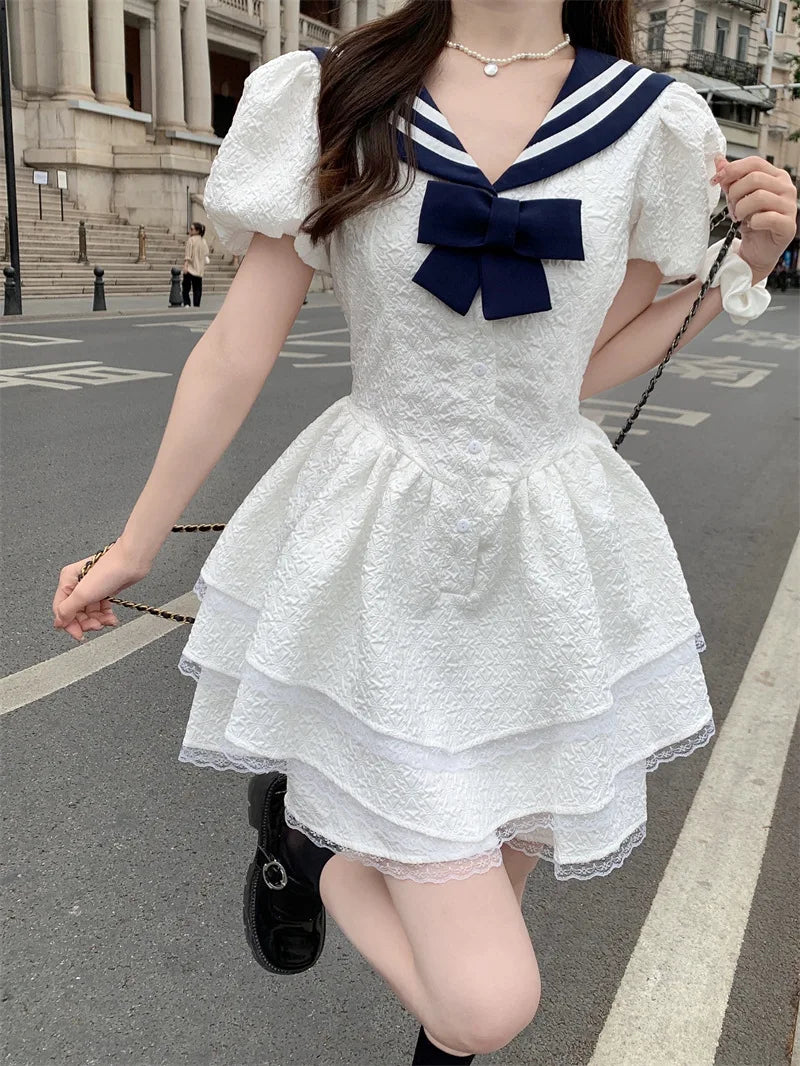 Lunivop  Preppy Style Lolita White Dresses Navy Collar Kawaii Summer Japanese White Dresses Casual Short Sleeve Elegant Party Dress