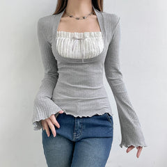 Lunivop  Cute Bow Stitched T-shirts Ladies Kawaii Folds Square Collar Full Sleeve Patchwork Fake Two-piece Crop Top Autumn Shirts