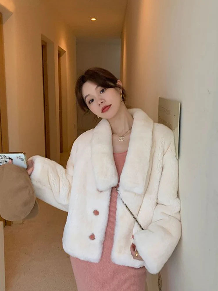 Lunivop Winter Sweet Faux Lamb Coat Women Elegant Long Sleeve Slim Retro Jacket Warm Soft Female Korean Single Breasted Vintage Top