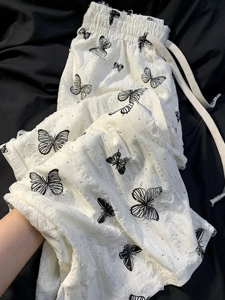 Lunivop Bufferfly Diamond Casual Pants Women Vintage Hole High Waist Wide Leg Trousers Korean Loose Fashion Design Lady Sweet Pants