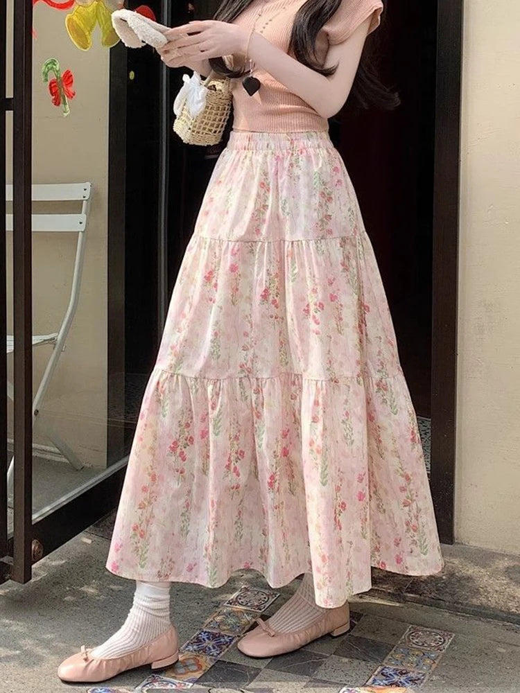 Lunivop  Cute Floral Long Skirts Women Elegant High Waist Retro Sweet Skirt Japan Casual Loose All Match Spring Summer Kawaii Skirt