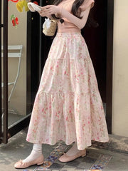 Lunivop  Cute Floral Long Skirts Women Elegant High Waist Retro Sweet Skirt Japan Casual Loose All Match Spring Summer Kawaii Skirt