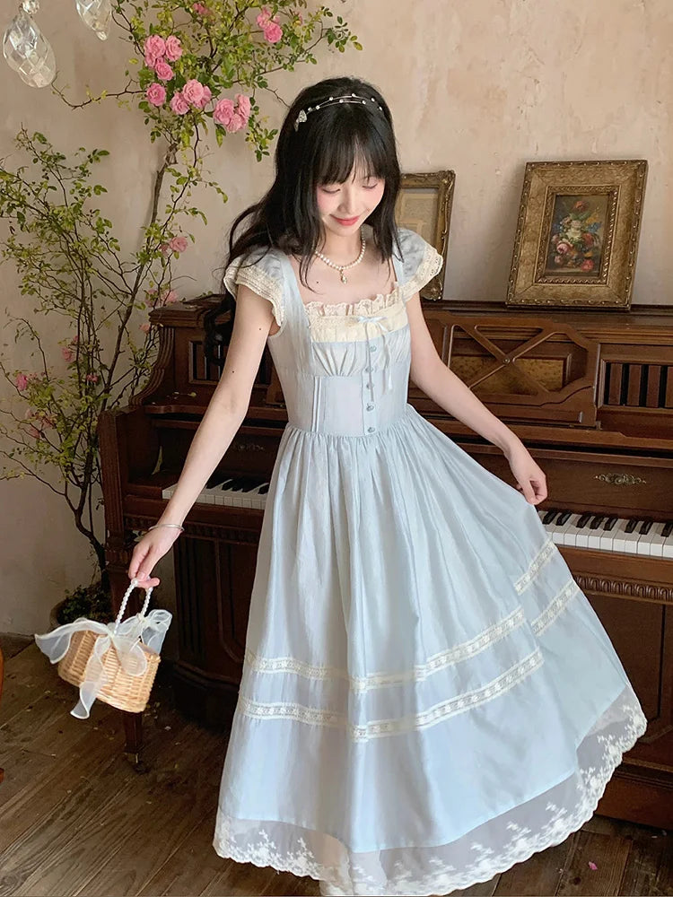 Lunivop  Elegant Blue Long Dress Women Sweet Lace Patchwork Vintage Dress High Quality Casual Flying Sleeve Bow Lady Retro Vestidos