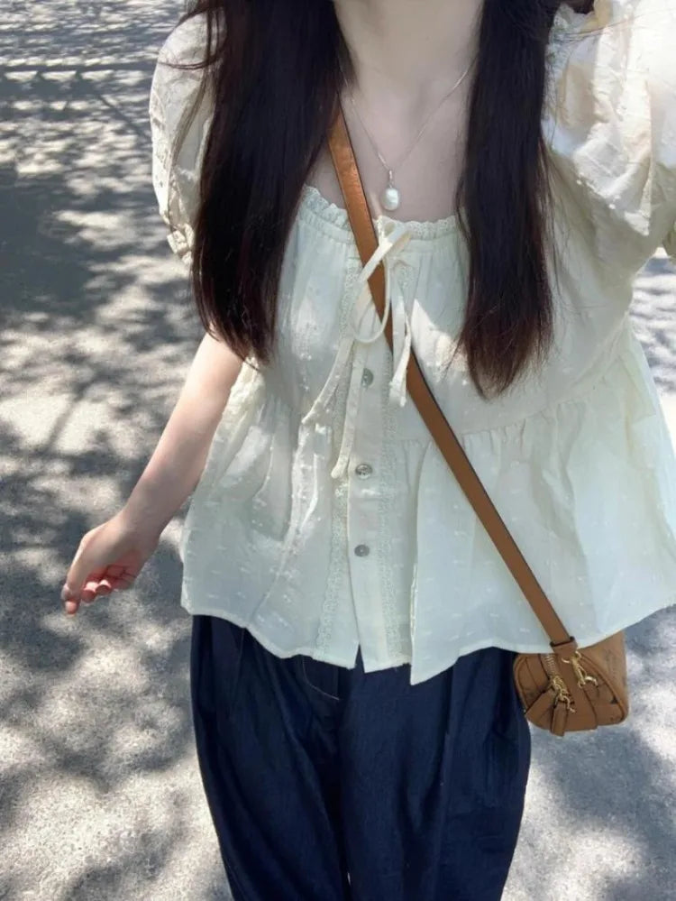 Lunivop  Elegant Sweet Lace Square Collar Blouses Y2k E-Girl Single Breaste Shirts Women 2025 Summer New Puff Sleeve  Blusas Mujer