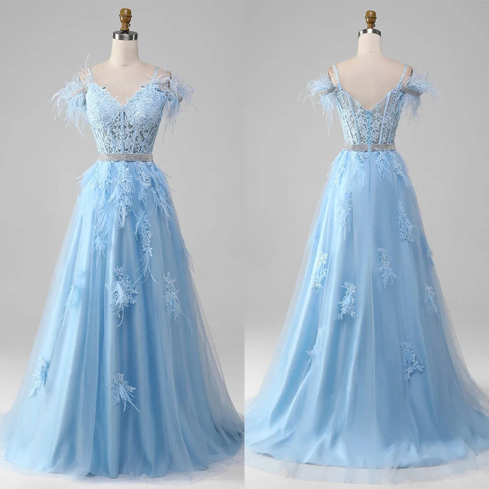 Lunivop  High Quality Customized V-neck Backless Feathers Floor Length Blue Appliques Lace Belt Thin Suspenders Sleeveless Party Dresses
