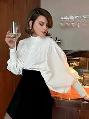 Lunivop  Spring Autumn Women's Elegant Blouses Vintage Palace Style Lantern Sleeve Shirt Stand Collar Simple Solid Woman Clothes