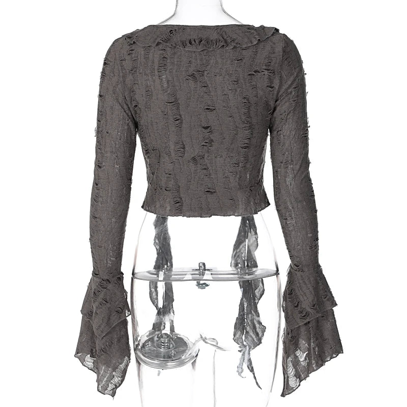 Lunivop Butterfly Sleeve Tassel Long Sleeve Ruffles High Waist Crop Top Tshirt Hollow Out Summer Fashioon Y2K Casual Clothes