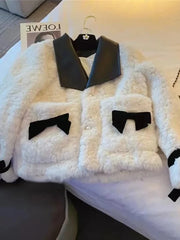 Lunivop Women Sweet Bow Faux Lamb Coat Fashion Korean Long Sleeve Winter Warm Jacket Chic Slim Patchwork Elegant Pockets Outwear