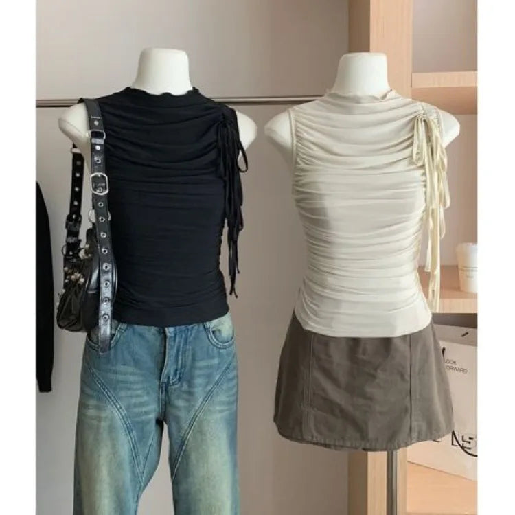 Lunivop  Double Layer Mesh Lace Up Slim Waist Ruched Vest 2025 Summer New Sleeveless Tops Mujer Y2k Simple All-match Tank Top