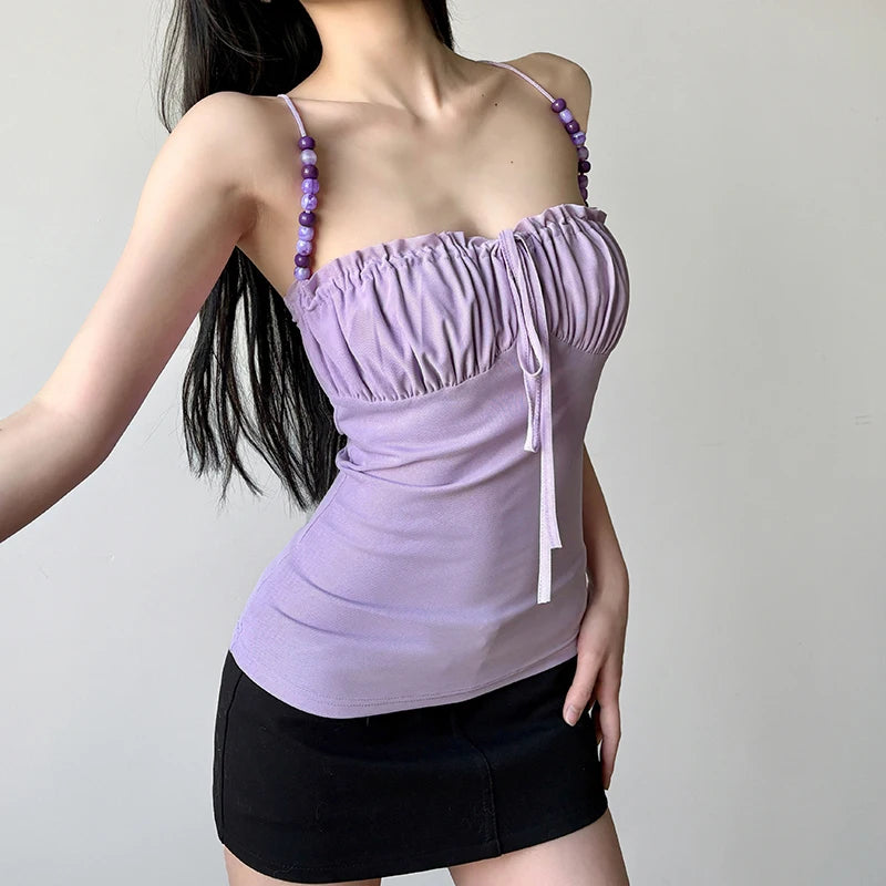 Lunivop  Elegant Solid Folds Camis Vintage 2000s Skinny Strap Crop Tops Women Holiday Style Transparent Mesh Tees Ladies y2k Vest