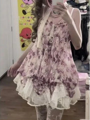 Lunivop  Vintage Harajuku Lace Pleated Drastring Sling Dress Y2k Japanese Sweet Lolita Cute Flower Print Puffly Dresses Punk Girl Clothes