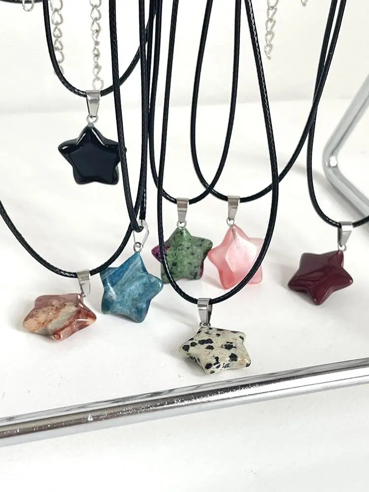 Lunivop Trend Natural Stone Hexagon Crystal Rose Quartz Opal Star Pendant Necklace for Women Fluorite Lapis Bullet Pendulum Jewelry Gift