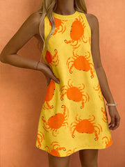 Lunivop  Sleeveless Yellow Crab Print Dress For Women Casual A-Line Mini Dress Spring Autumn