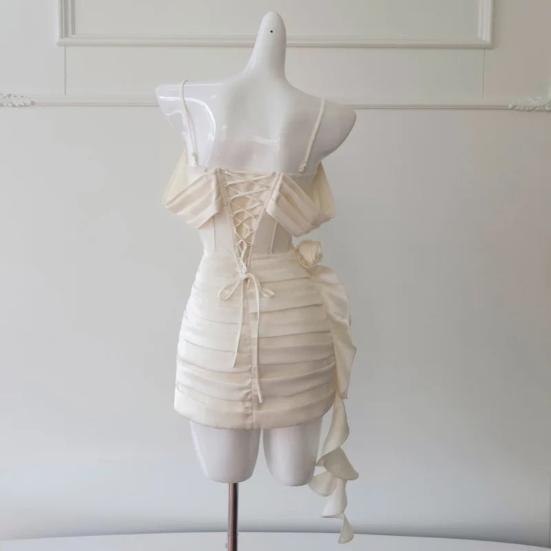 Lunivop  Fashion Flower Fold Dress Women's Strapless Fishbone Waist Cinching Slimming Dresses 2025 Summer New Tide