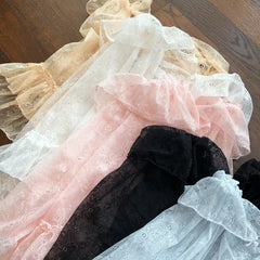 Lunivop  Japanese Lolita Style Summer Women Cute Shirt Ruffled Collar White Black Pink Hollow Out Mesh Blouse Kawaii Floral Lace Crop Top