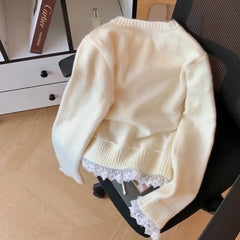 Lunivop  Simple Office Lady Lace Up Patchwork Cardigan Korea Chic Age Reduction Sweet Lace Jumper Slim Waist Lace Up All-match Top