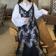 Lunivop Lace Floral Transparent Dresses Women Black Sexy Long Dress Korean Sleeveless Holiday Dress Vacation Streetwear Party