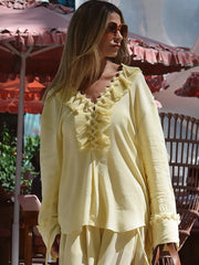 Lunivop  Fashion Yellow Lotus Leaf Edge Shirt Chic Loose Lace Up Long Sleeve V Neck Hollow Outblouse New Women's Vacation Highstreet Tops