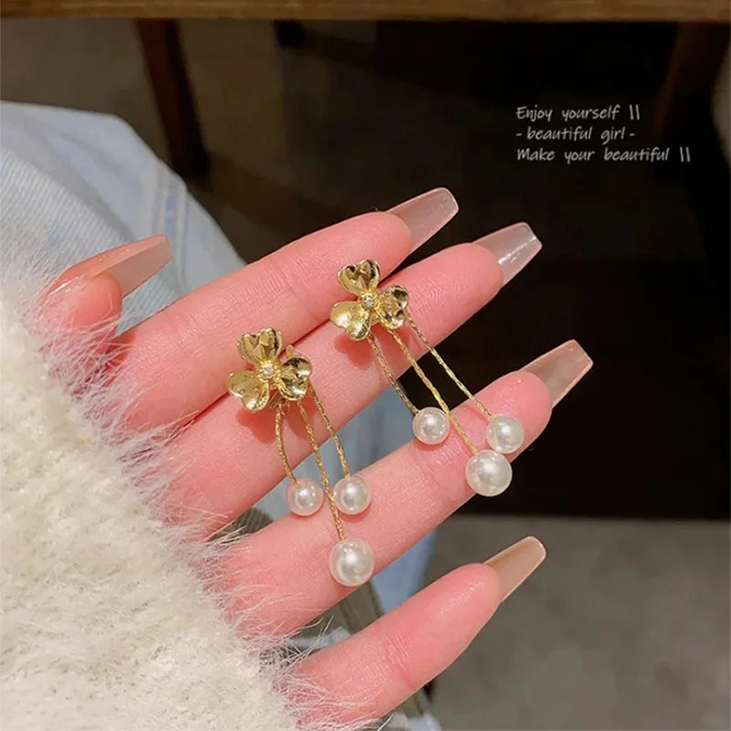 Lunivop Korean Trendy Pearl Golden Long Tassel Earrings for Women Exquisite Alloy Ear Clip Sweet Elegant Party Jewelry Wedding Gifts