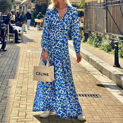 Lunivop  Blue Print Vintage Casual Shirt Dress Women Single Breasted Bohemian Girdle Waist Long Sleeve Maxi Long Sundress