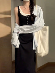 Lunivop  Bla Contrast Color ter Dr Women's Early Spring ature High-End Waist-Cinching Slimming Long Dr Ele
