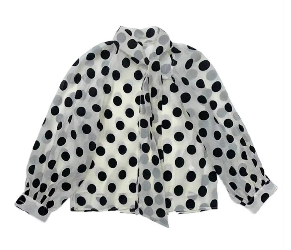 Lunivop  Women Sexy Tie bow Collar Polka Dot Semi Sheer Shirt Long Sleeve See Through Organza Blouse Transparent Loose Tops