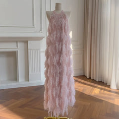 Lunivop  Fashion Tassels Pearl Dress Women's Round Neck Sleeveless High Waist Dresses 2025 Summer New Tide