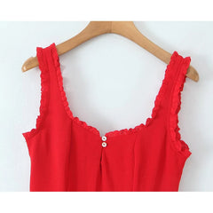 Lunivop  French Style Fungus Edge Red Sleeveless Dress Women O Neck A-line Slim Summer Short Dresses Holiday Robe Tank Vestidos