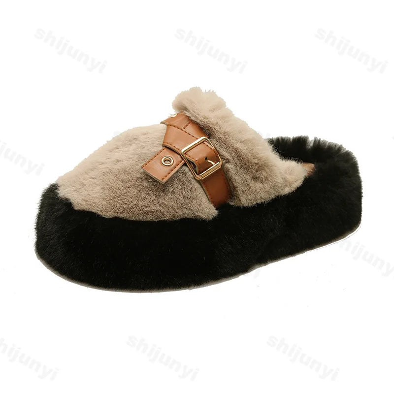 Lunivop Slippers Casual Flock  Platform Shoes New Fur Flip Flops Cover Toe Slipers Women Slides Luxury Plush Flat Rubber Slippers