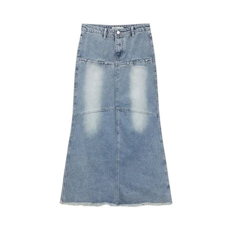 Lunivop Streetwear Loose Casual Blue Denim A-line Skirt Women Summer New Korean High Waist Washed Distressed Mid-length Skirt