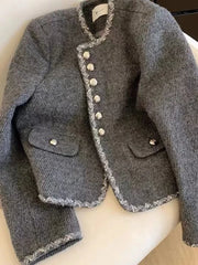 Lunivop Zoki Gray Faux Woolen Coat Women Elegant Slim Vintage Long Sleeve Coat Casual O Neck Korean Retro Female Fall Winter Tops New