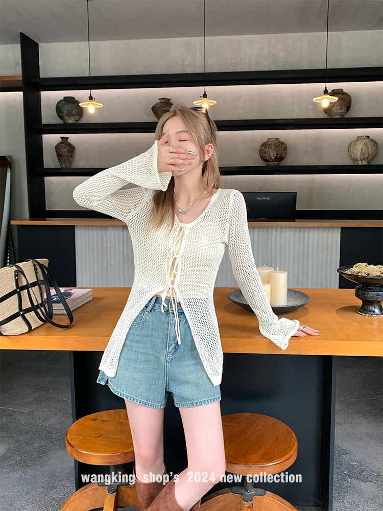Lunivop Tie Front Open Knit Cardigan Women Long Sleeve Longline Sweater Jacket Sheer Beach Cover-Up Ladies Boho Vacation Outfit
