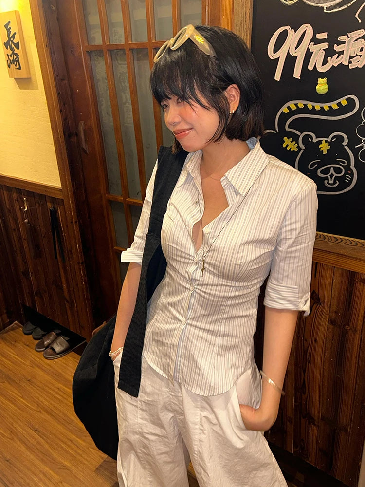 Lunivop Korean Style Casual Shirt Women Three Quarter Striped Shirts 2000s Japanese Y2k Vintage Tops Slim Retro Shirts Summer