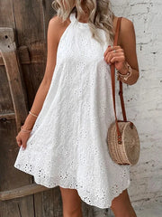 Lunivop  European and American Summer New Women's Lace Solid Color Sleeveless Button Halter Dress