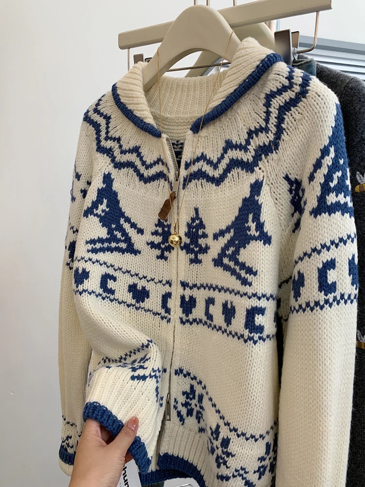 Lunivop Fair Isle Knit Zip Up Sweater Cardigan Women Zipper Front Sweater Jacket Cozy Knitwear Teen-girl Fall Winter Vintage Outfit